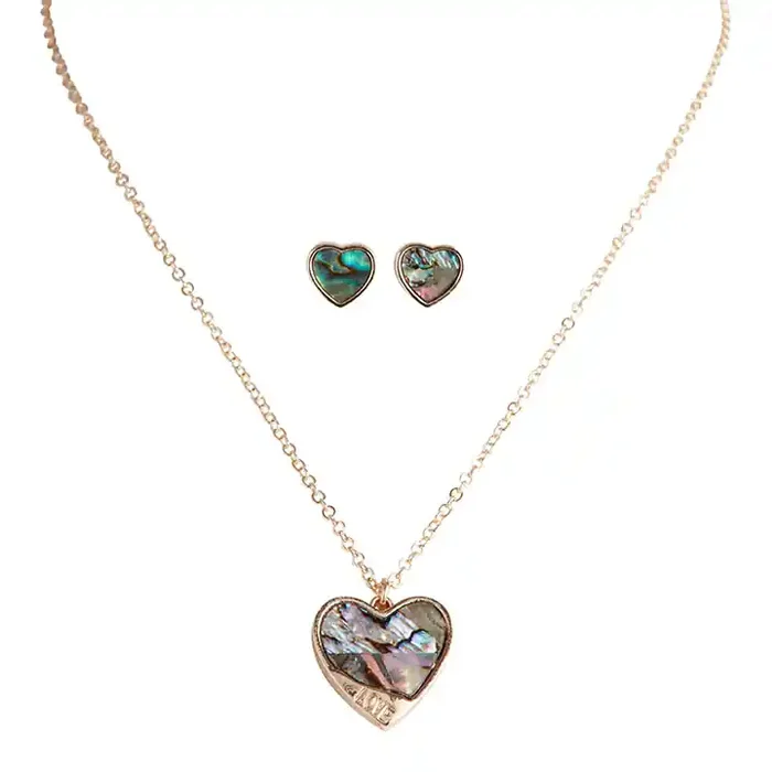 Gold Abalone Shell Heart Necklace And Earring Set