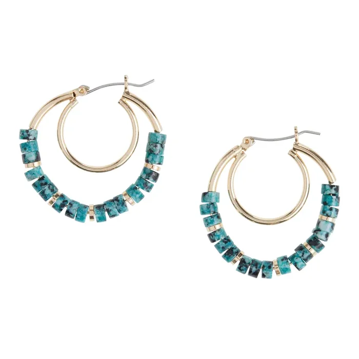 Gold And African Turquoise Beaded Double Hoop Earrings