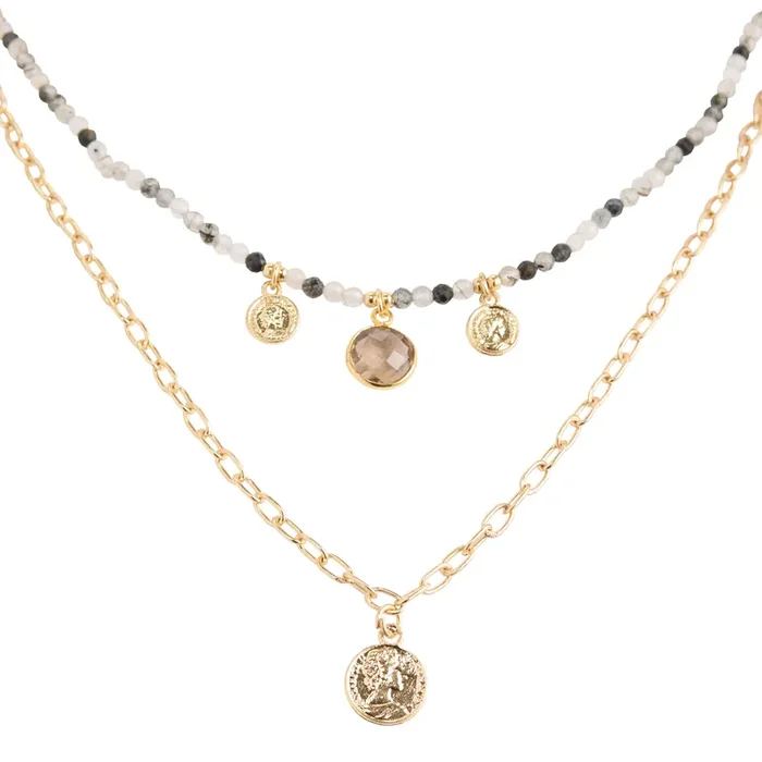 Gold and Clear Rutile Quartz Beaded Disc Necklace