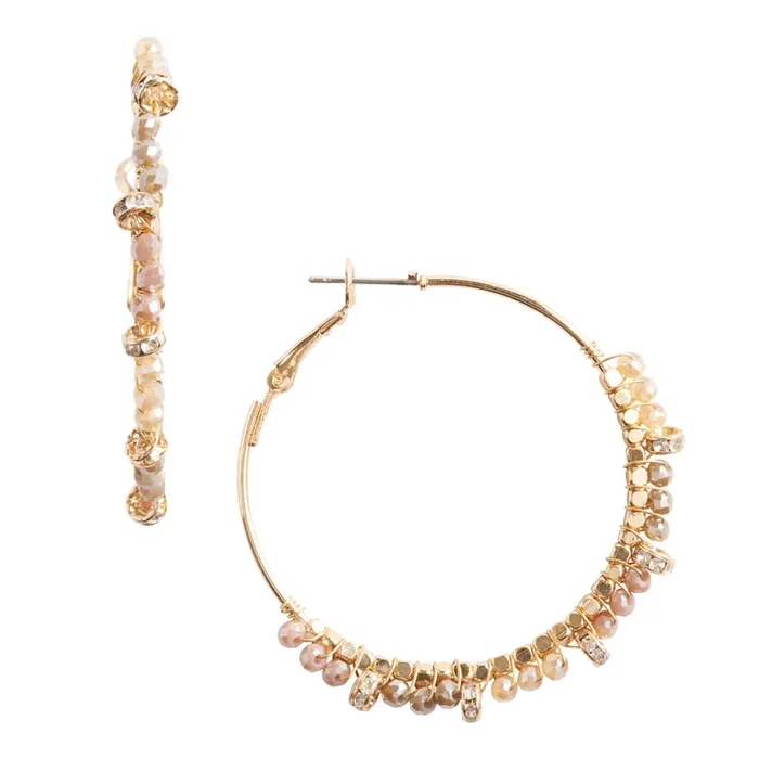 Gold And Gray Beaded Hoop Earrings