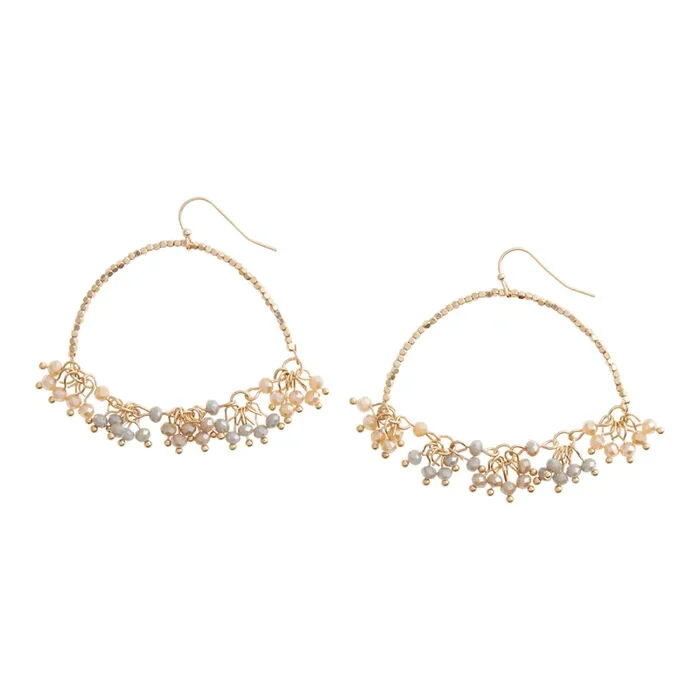 Gold And Gray Cluster Beaded Hoop Drop Earrings