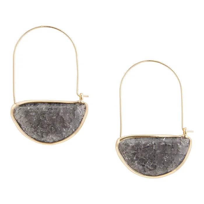 Gold And Gray Crackled Glass Elongated Hoop Earrings