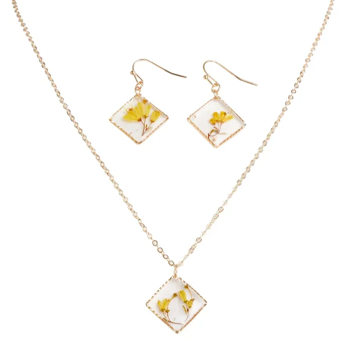 Gold and Orange Pressed Flower Necklace And Earring Set