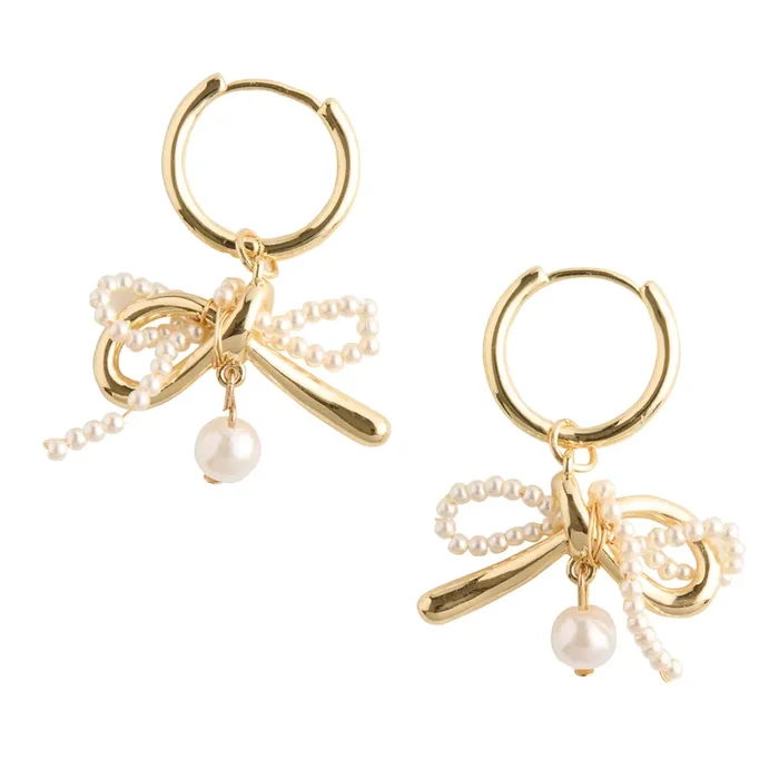 Gold and Pearl Bow Charm Hoop Earrings