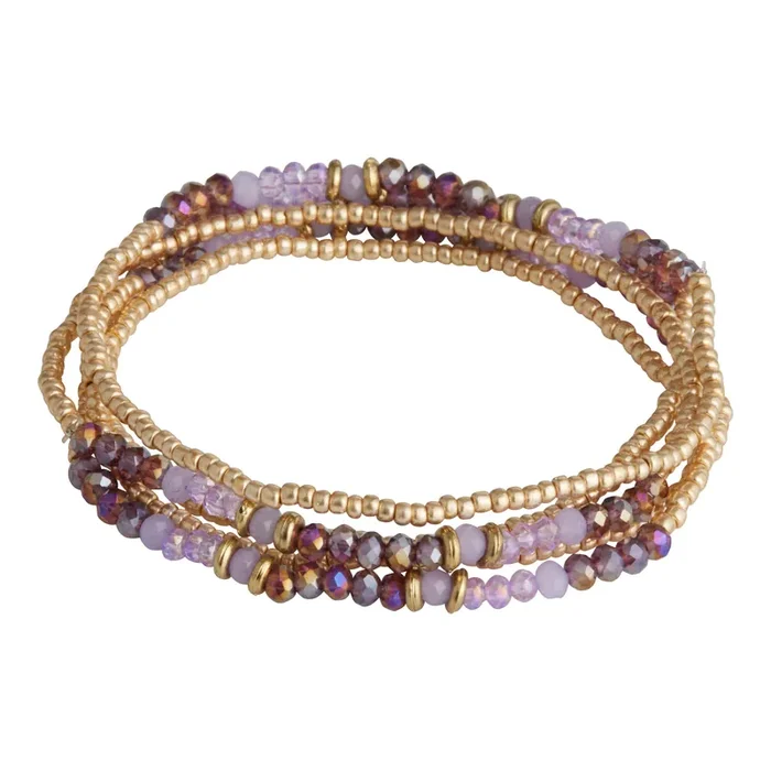 Gold And Purple Glass Beaded Stretch Bracelets 5 Pack