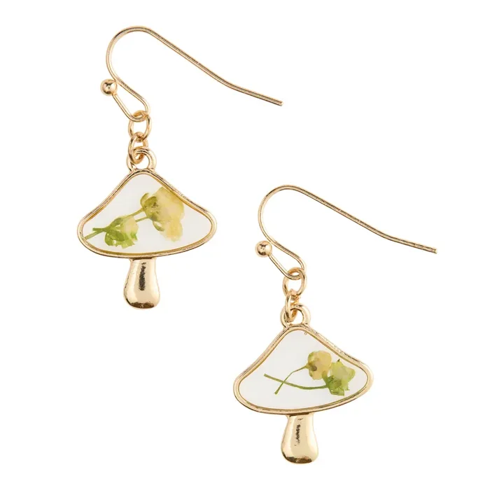 Gold and Yellow Pressed Flower Mushroom Drop Earrings