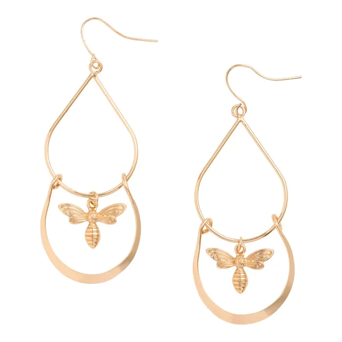 Gold Bee Teardrop Drop Earrings