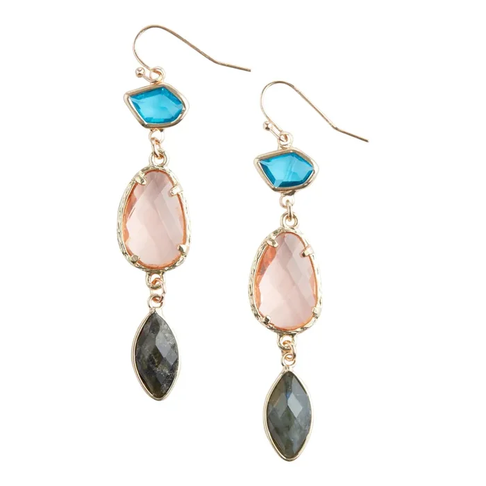Gold Glass And Labradorite Three Tier Drop Earrings