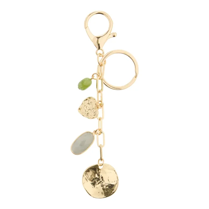 Gold Hammered Coin Semiprecious Stone Bag Charm