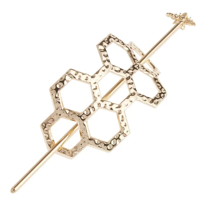 Gold Honeycomb and Bee Bun Pin