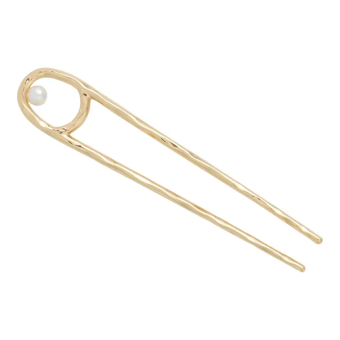 Gold Metal and Faux Pearl Organic Pronged Bun Pin