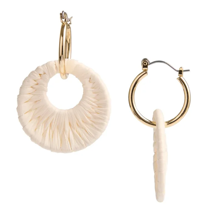 Gold Metal and Ivory Raffia Hoop Drop Earrings