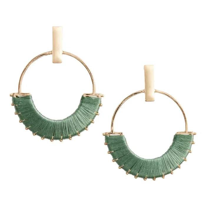 Gold Metal And Teal String Drop Hoop Earrings