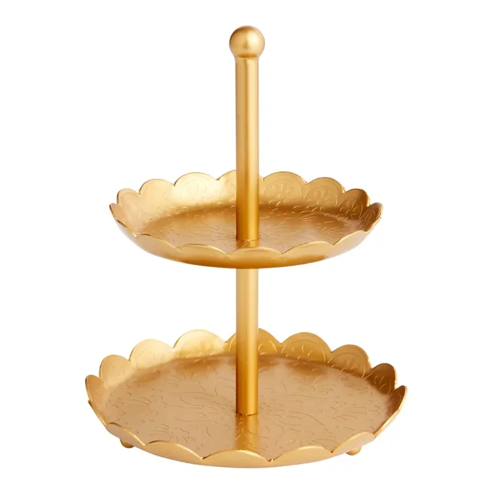 Gold Metal Floral Etched 2 Tier Jewelry Stand