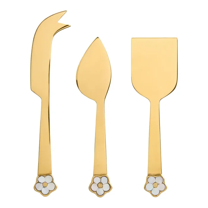 Gold Mother of Pearl Flower Cheese Knives 3 Piece Set