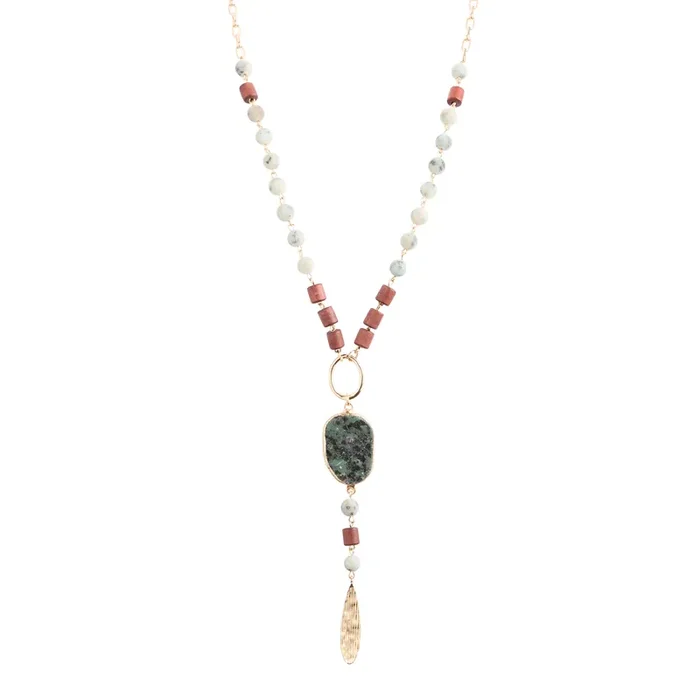 Gold Semiprecious Agate and Labradorite Lariat Necklace