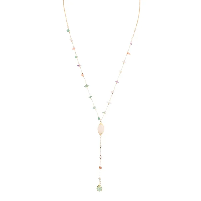 Gold Semiprecious Quartz and Jasper Fleck Lariat Necklace