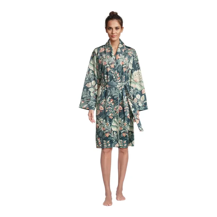 Gray and Green Jacobean Floral Fleece Robe