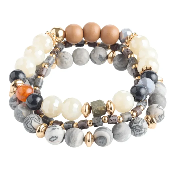 Gray Labradorite and Wood Beaded Stretch Bracelets 3 Pack