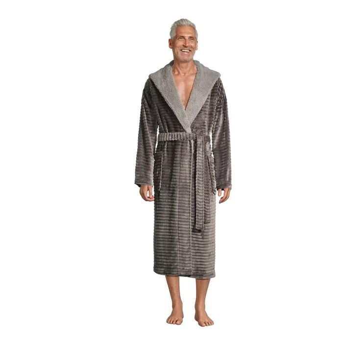 Gray Ribbed Fleece Men‘s Robe With Hood
