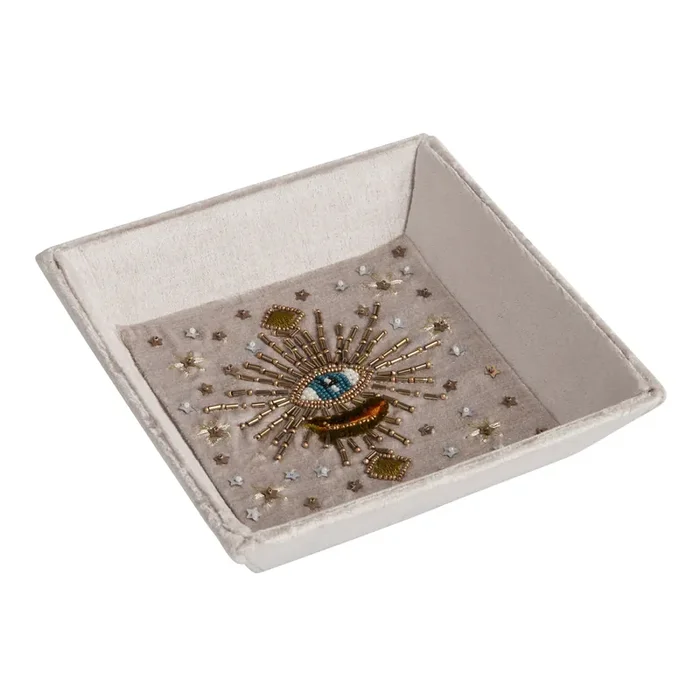 Gray Velvet Evil Eye Beaded Trinket Dish