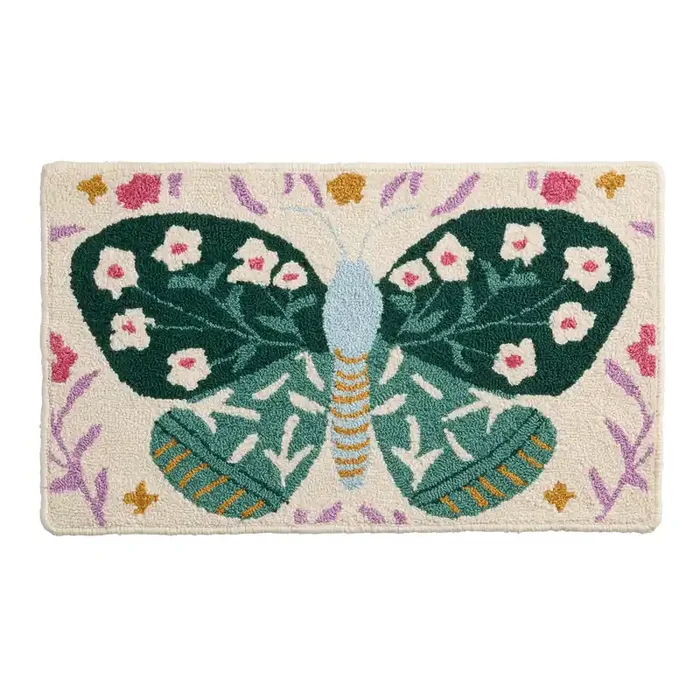 Green and Blue Floral Butterfly Hand Hooked Indoor Outdoor Rug