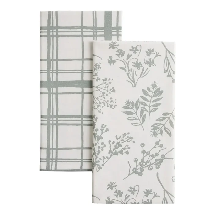 Green Floral and Windowpane Kitchen Towel 2 Pack
