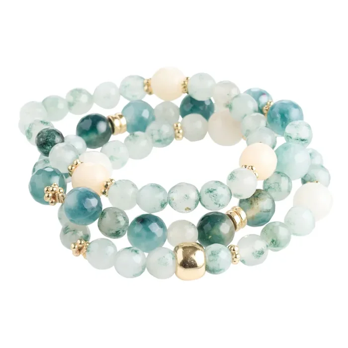 Green Jade Beaded Stretch Bracelets 3 Pack