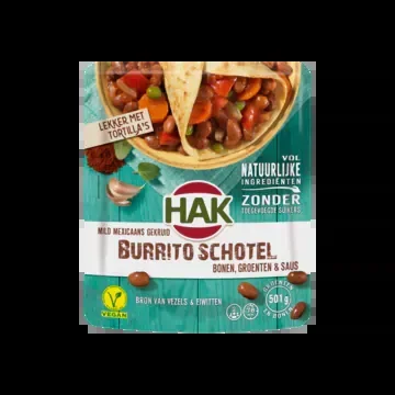 Hak Mexican mild spiced burrito dish with beans, vegetables and sauce