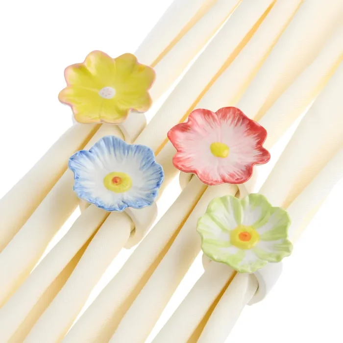 Hand Painted Ceramic Flower Napkin Ring 4 Pack