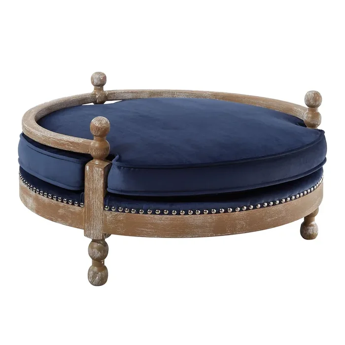 Hank Round Weathered Oak Wood Pet Bed with Cushion