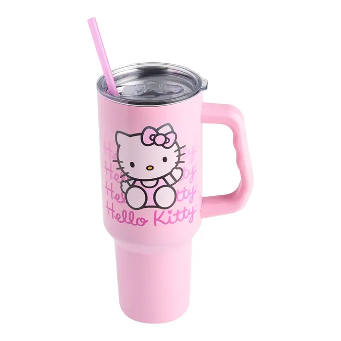 Hello Kitty Pink Waving Stainless Steel Drink Tumbler with Straw
