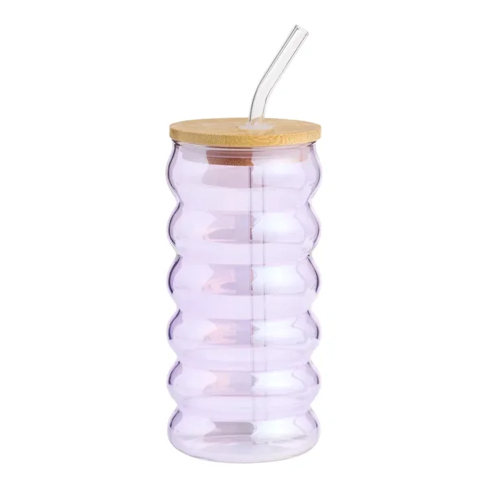 Iridescent Pink Glass Ribbed To Go Tumbler with Straw