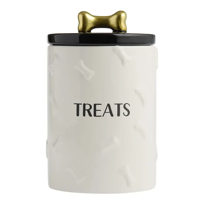 Ivory and Black Ceramic Bone Embossed Pet Treat Jar