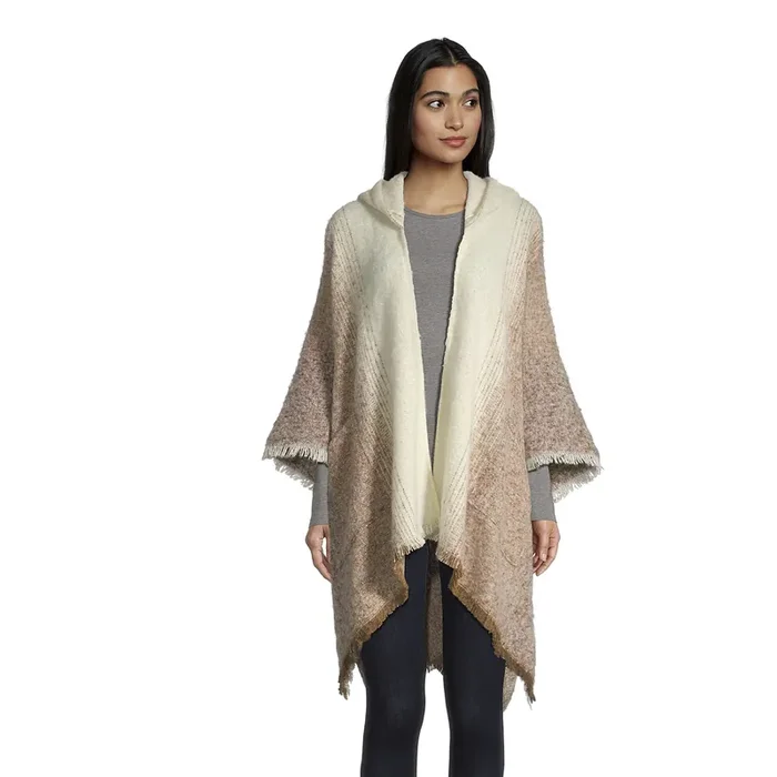 Ivory And Brown Ombre Hooded Wrap With Pockets