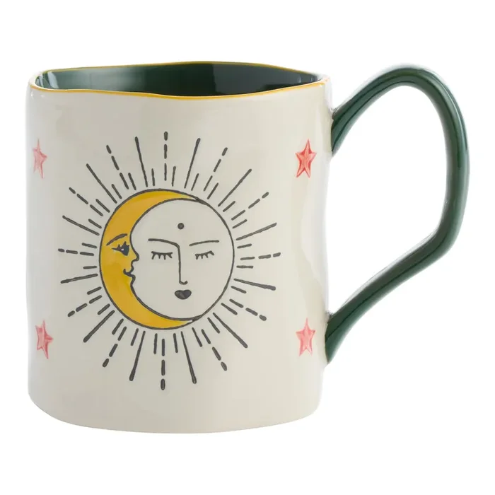 Ivory and Green Sun and Moon Hand Painted Ceramic Mug