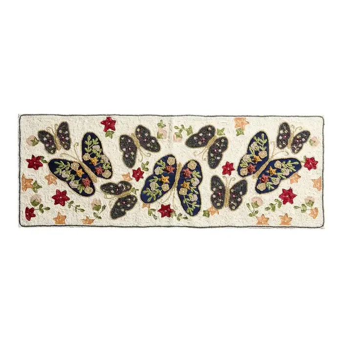 Ivory Multicolor Butterfly and Floral Beaded Table Runner