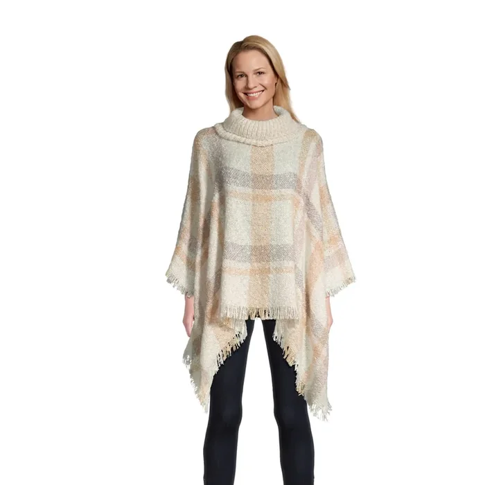 Ivory Oversized Windowpane Plaid Boucle Poncho