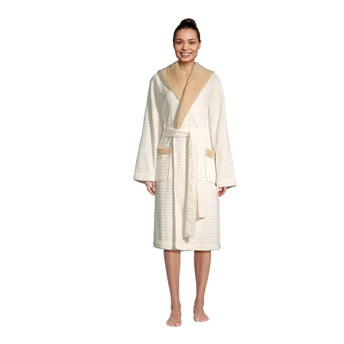 Ivory Ribbed Fleece Robe With Hood