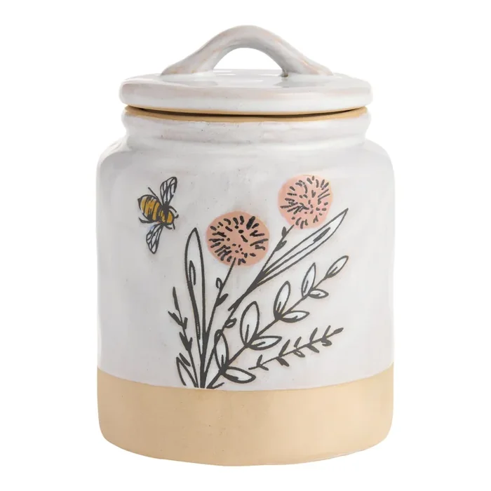 Ivory Wax Resist Ceramic Flowers and Bee Storage Container