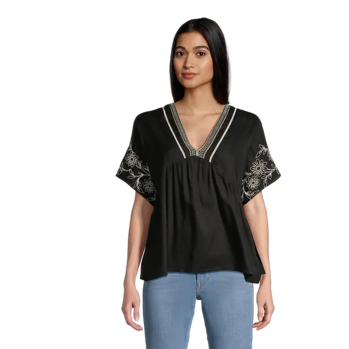Jacey Black and White Floral Embroidered Top