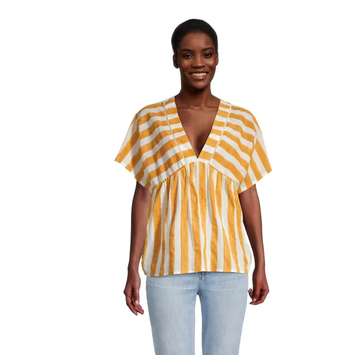 Jacey Mustard And White Block Print Stripe Top