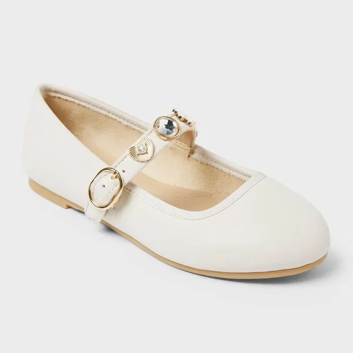 Kids‘ Marla Charm Ballet Flats – Cat & Jack™ Ivory 1 Adjustable Buckle Strap, Studs, Closed Round Toe, Medium Width