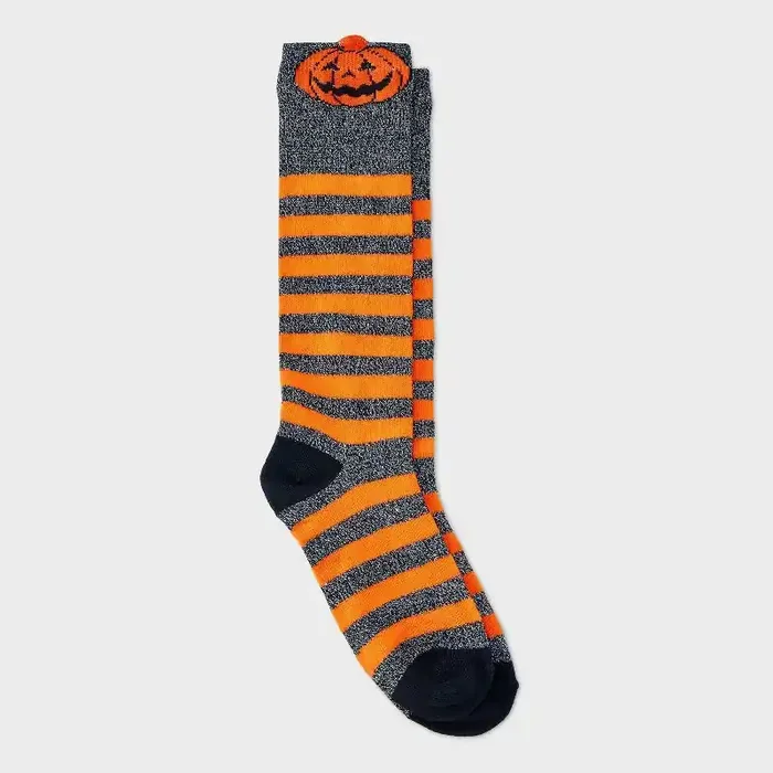 Kids‘ Pumpkin Sparkle and Striped Halloween Knee High Socks – Cat & Jack™ M