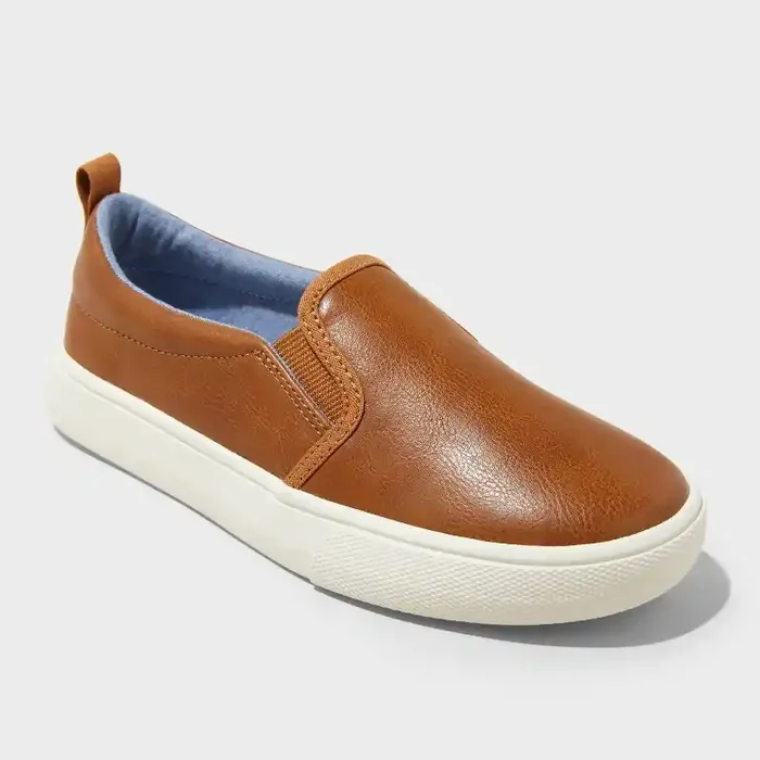 Kids‘ Rune Slip-On Sneakers – Cat & Jack™ Cognac 3 Faux Leather, Non-Marking Sole, Closed Round Toe, Low Top