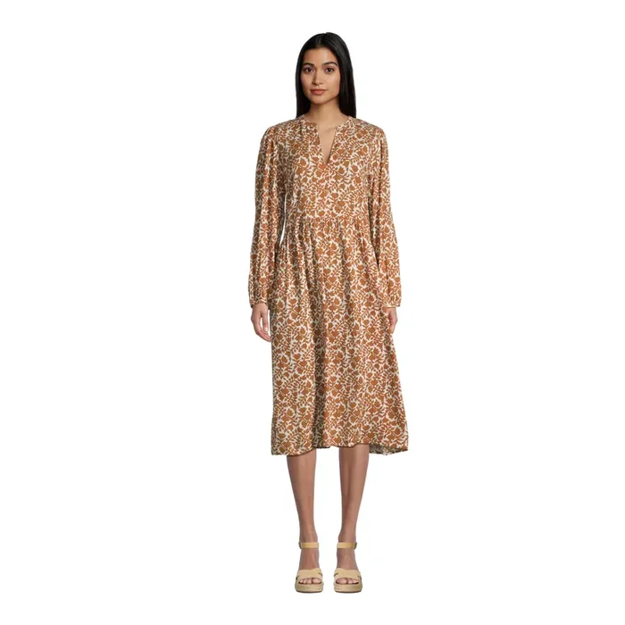 La Paz Terracotta and White Scrolling Floral Dress with Pockets