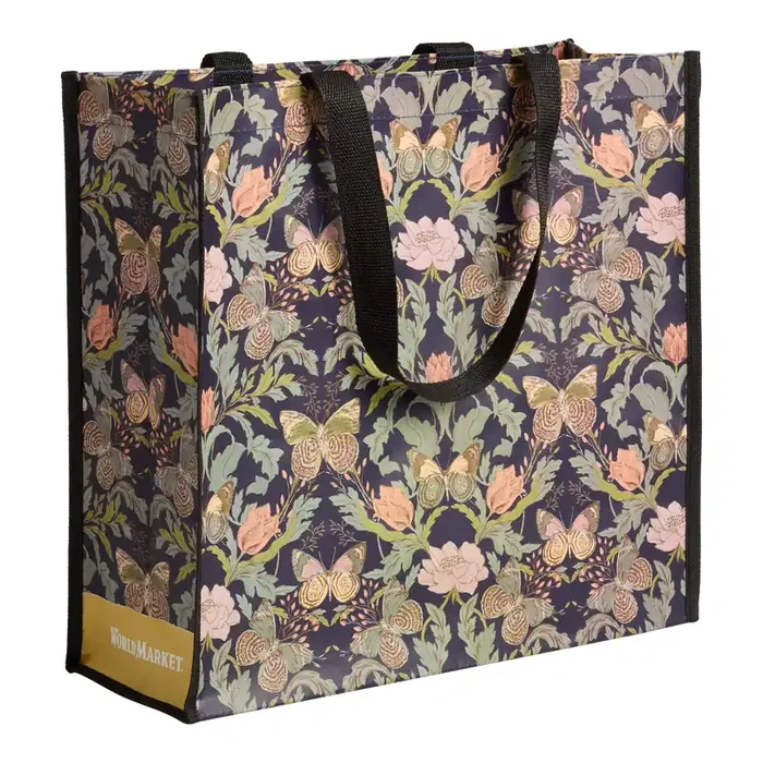 Large Navy Blue Butterfly Damask Tote Bag Set of 2