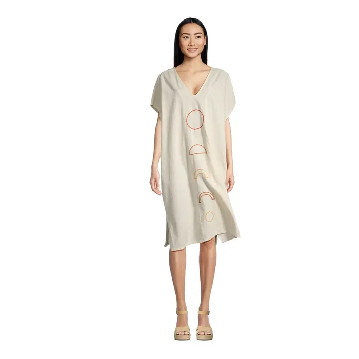Luna Cream And Clay Moon Phase Embroidered Kaftan Dress