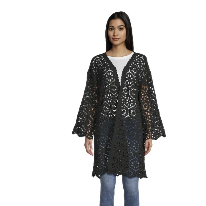 Mary Black Crochet Open Front Cardigan