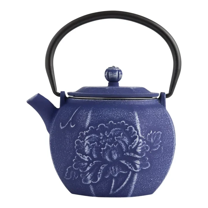 Mini Blue and White Cast Iron Floral Embossed Infuser Teapot